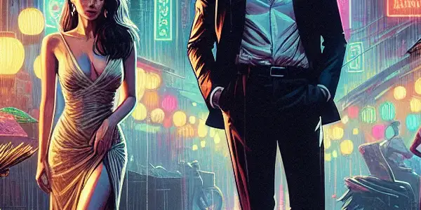 A passionate couple in a dimly lit alleyway, surrounded by neon lights and hints of Filipino culture.