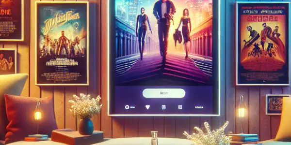 A cozy living room featuring a modern online cinema platform on various devices, showcasing movie posters and ambient lighting.<a href=
