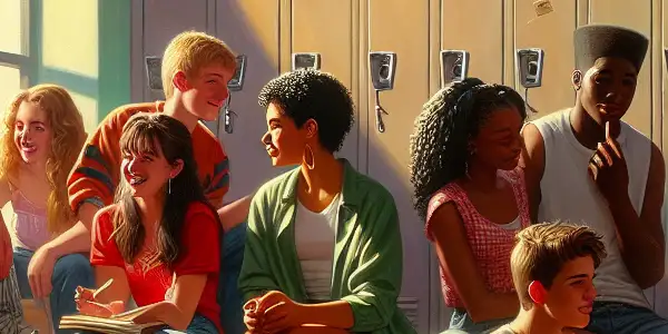 A diverse group of teenagers in a high school, sharing laughter, secrets, and first love amidst nostalgic movie posters.