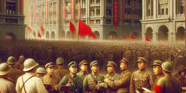 Revolutionary leaders strategizing in a bustling 1927 Nanchang square, surrounded by soldiers and historical architecture.