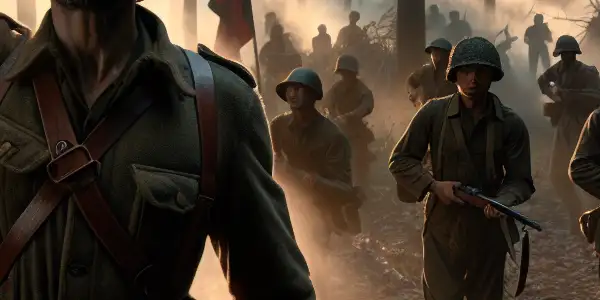 A determined guerrilla leader rallies diverse fighters in a misty forest at dawn, preparing for battle.